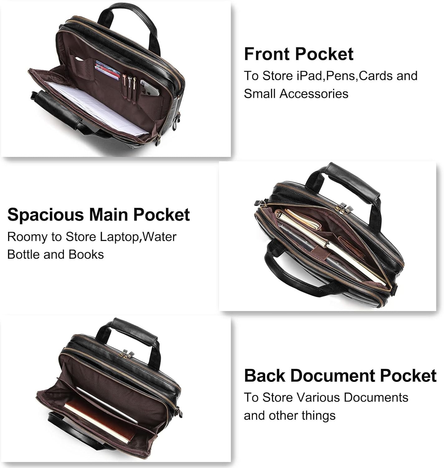 Leather Briefcases for Men 15.6 Inch Laptop Messenger Bag with Triple Compartments Water-Resistant Computer Shoulder Bag for Business, Travel, Work, Office, Black