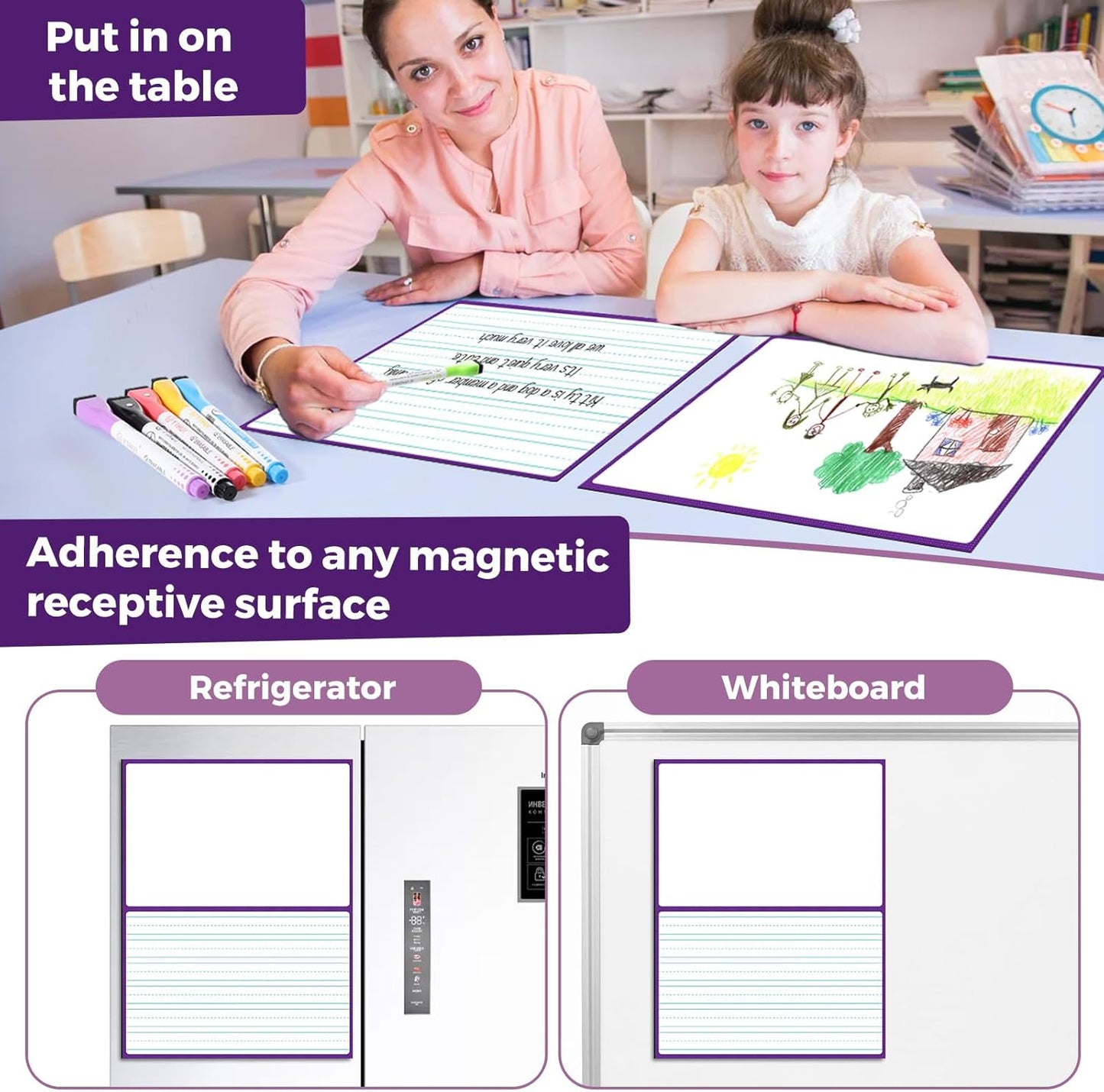 KIKIGOAL 21.5"x17" Magnetic Draw and Write Paper,Dry Erase Handwriting Lined Paper for Classroom Whiteboard, Writing Chart Page Teacher Must Have Homeschool Teaching Supplies (Draw and Write)