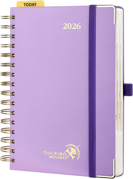 POPRUN 2026 Daily Planner One Page A Day - [8.5" x 5.75" Wire-Bound Hard Cover] Agenda 2026 Hourly Appointment Book with Monthly Calendar, Inner Pocket, Ivory Paper - Violet