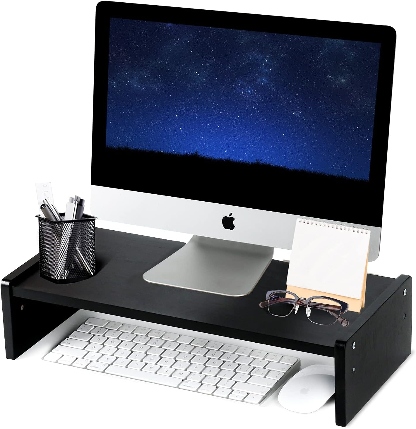 KINLINK Solid Wood Monitor Stand Riser, Monitor Riser with 2 Adjustable Height, 15.8 inch Computer Riser for Computer, iMac, PC, Printer, Computer Monitor Stand for Home & Office, Black