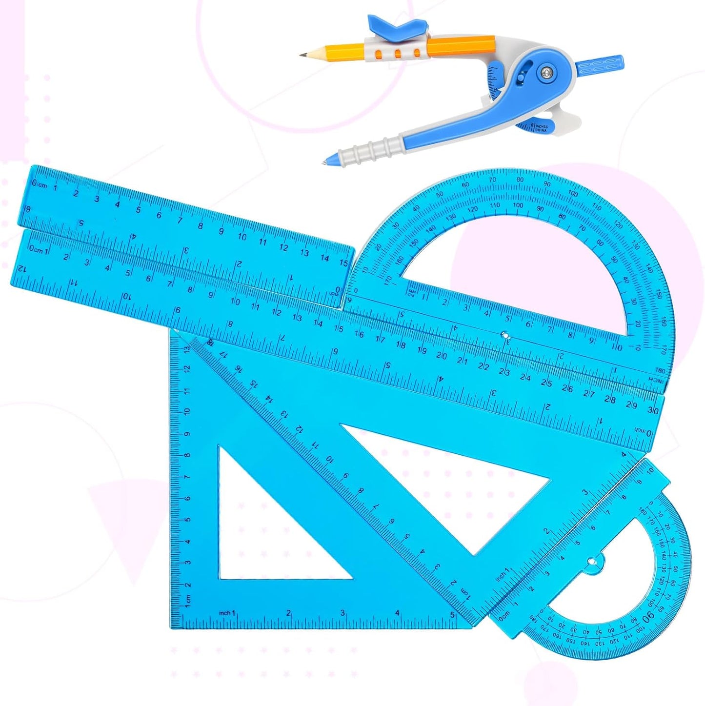 Zonon 1 Set Plastic Geometry Math Set 7 Pcs Includes 6'' / 4 '' Protractor, Drawing Compass, 45/60 Degree Triangle Rulers, 12'' / 6'' Math Ruler Transparent for Office Supplies(Blue)