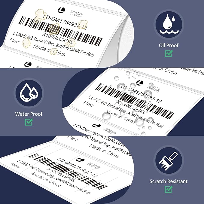 L LIKED 4" x 2" Direct Thermal Labels, Permanent Adhesive Barcode Shipping Labels & Compatible with Rollo, Zebra and Other Desktop Printers (1 Roll, 750 Labels)