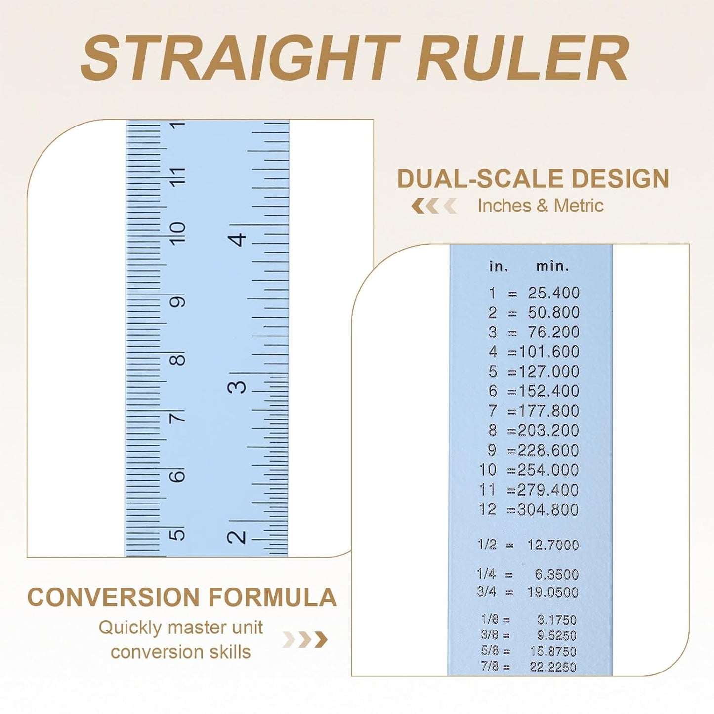 HARFINGTON 4pcs Metal Straight Ruler 20cm Metric SAE Aluminum Alloy Measuring Rulers Scale Tool with Hole for Measure Study Reading Classroom Office, Light Blue