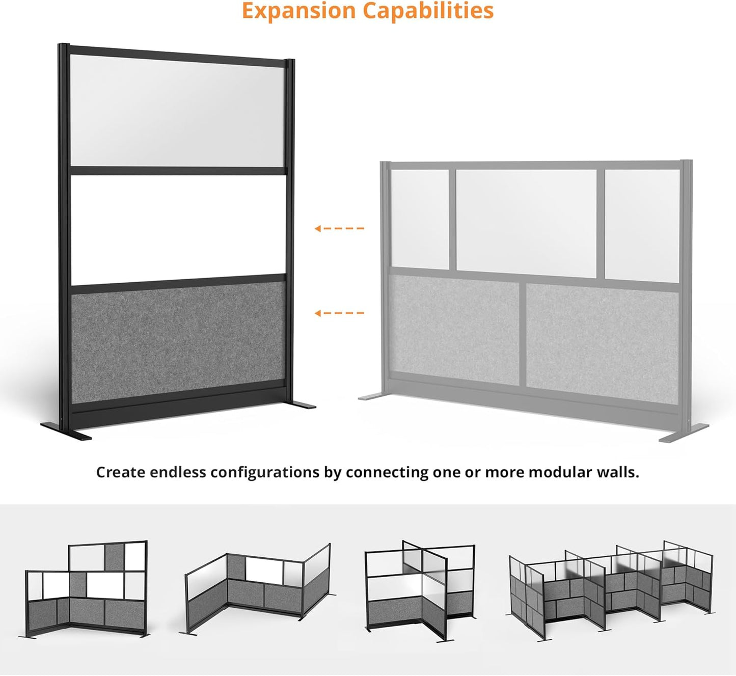 Stand Up Desk Store Workflow Wide Modular Wall | 53'' x 70'' Wall | Expandable Partition Room Divider with Rearrangeable Frosted Acrylic, Sound Absorbent and Whiteboard Panels (Black Frame)