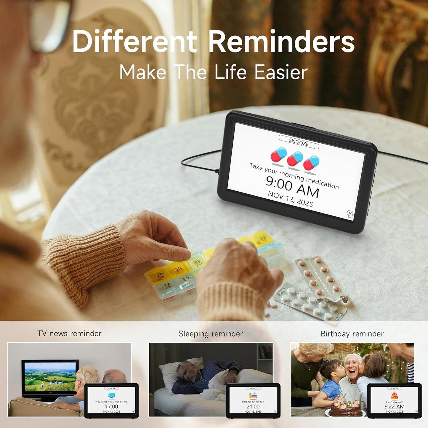 Raynic Date Clock, Digital Calendar Clock with 12 Themes, 20 Alarms, 20 Reminders, Semi-Automatic Dimming, 12/24 Hours, Auto DST for Desktop, Office, Students (Black, 7 Inches)