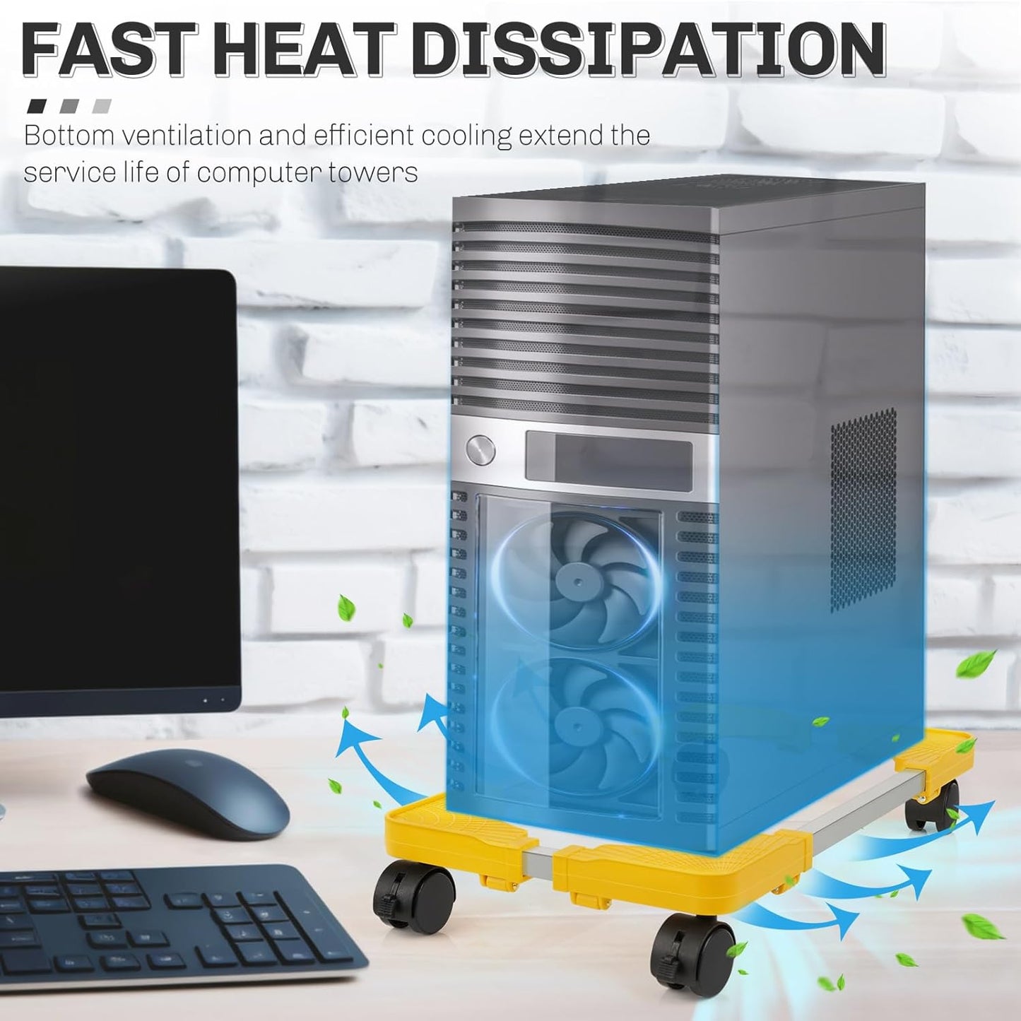 Liitrton Mobile CPU Stand, Adjustable Computer Tower Stand with 4 Locking Casters,Ventilated PC Stand for Floor with Multiple Colors, Fits Most PC Tower Under Desk Stand for Office Gamers (Yellow)