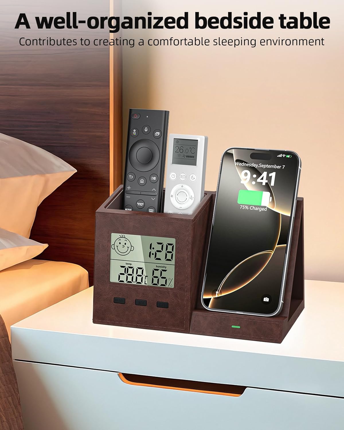 Multifunctional Pen Holder and Organizer for Desk with Wireless Charger, Digital Indoor Thermometer and Humidity Gauge, Home Office Organizers and Storage (Battery Included)