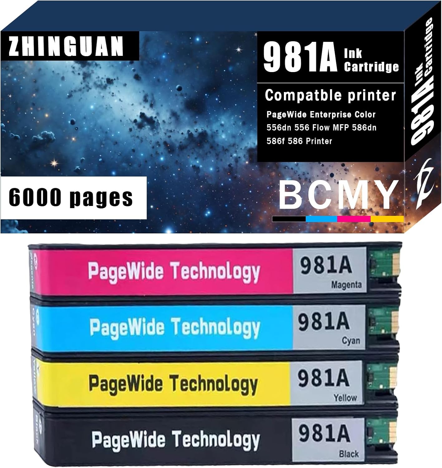Remanufactured 981A 981 Ink Cartridge Works for 981a Ink cartridges for PageWide Enterprise Color 556dn 556 Flow MFP 586dn 586f 586 Printer (4-Pack)