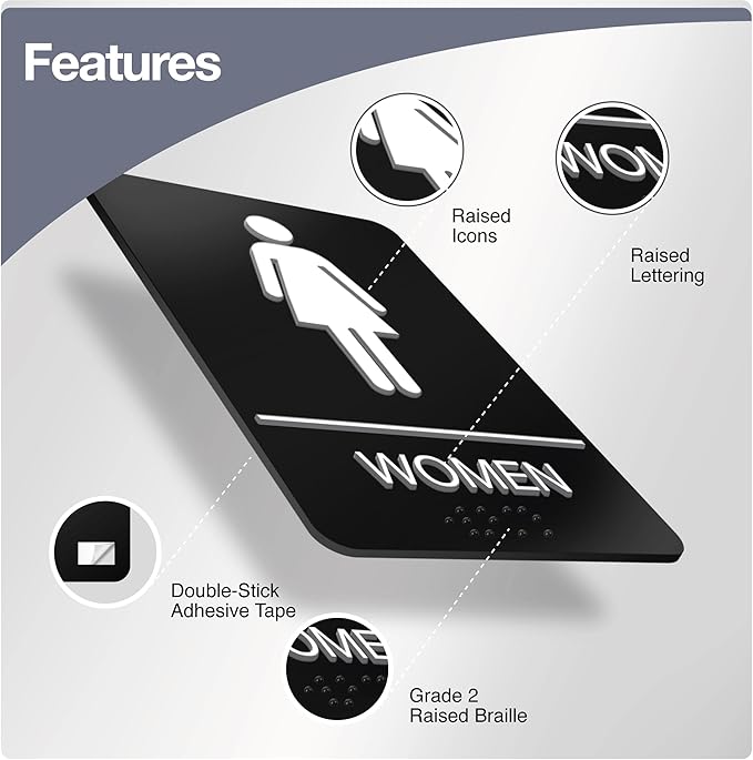 ADA Braille Womens Restroom Sign for Business with Double Sided 3M Tape - ABS Plastic Womens Bathroom Sign 9” x 6” for Offices and Restaurants