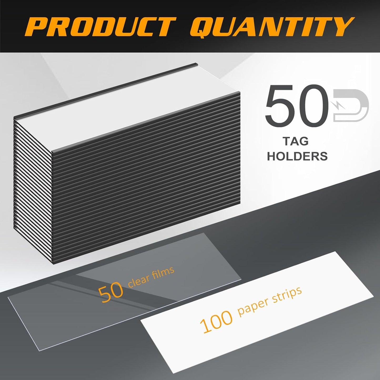 Gueevin 50 Pcs Magnetic C Channel Label Holders 3 x 8 Inch Label Holders Magnet Name Plate with Paper Inserts and Clear Plastic Protectors for File Cabinet Shelf Toolbox Drawer