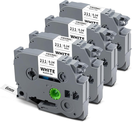 TZ Tape 6mm 0.23 Laminated White Label Tape Tz-211 Compatible for Brother P-Touch Tze-211 1/4" Tze Label Refills Work for Ptouch Label Maker PT-D220 PT-D210 PT-H110 PT-D400, Black on White, 4-Pack