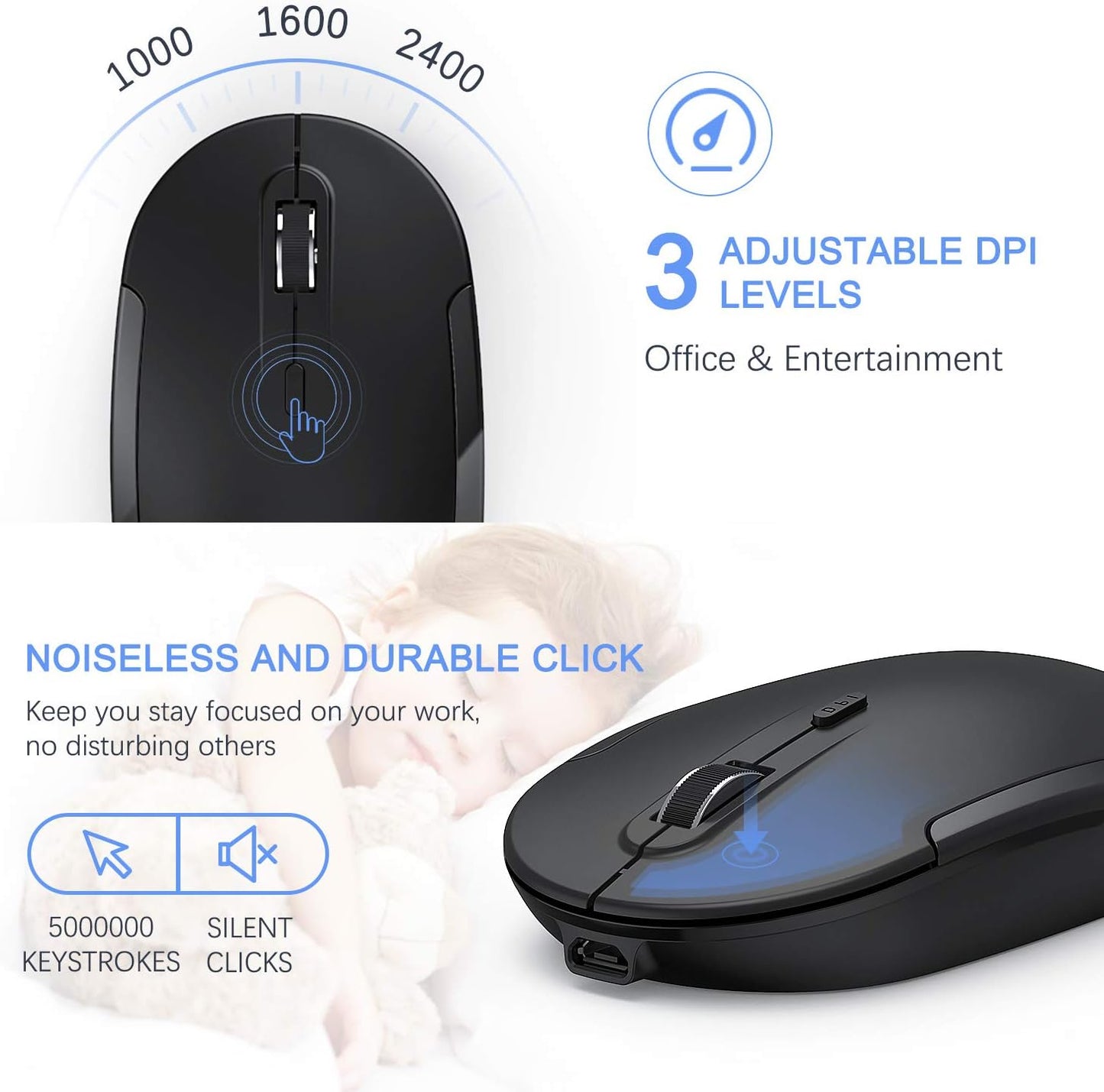 Wireless Keyboard and Mouse, Vssoplor 2.4GHz Rechargeable Compact Quiet Full-Size Keyboard and Mouse Combo with Nano USB Receiver for Windows, Laptop, PC, Notebook-Black