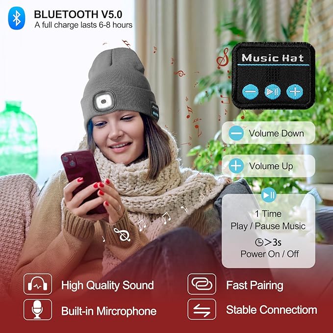 Gifts for Men, Rechargeable Bluetooth Music Unisex Beanie Hat with Light, Stocking Stuffers for Women, Birthday Gifts for Men, for Him, Grey