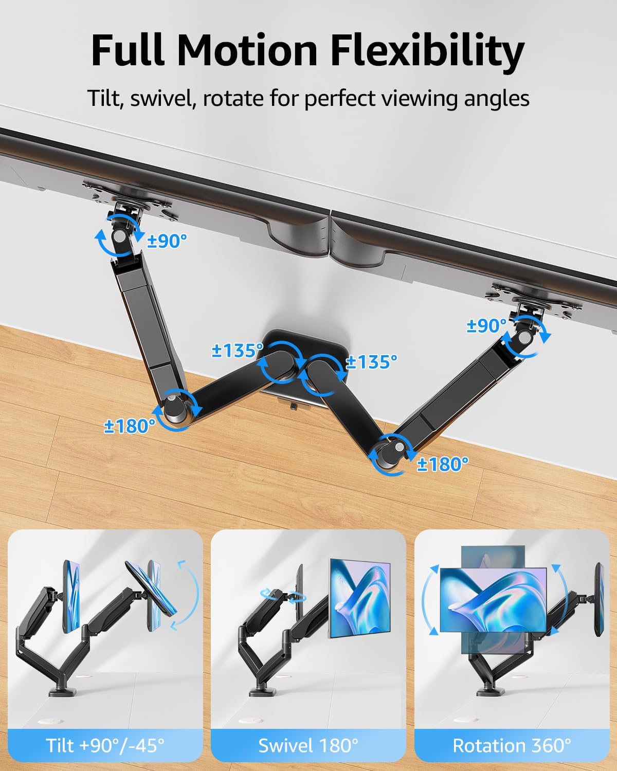 MOUNTUP Dual Monitor Stand for Desk, Pneumatic Monitor Arms for 2 Monitors Max 32 Inches, Height Adjustable Double Monitor Mount, VESA Mounts with C-Clamp & Grommet Base, Holds 4.4-17.6lbs, Black