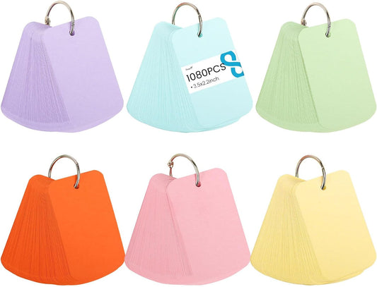 Koogel Index Cards for Metal Key Rings, 2.2 x 3.5 Inch, 1080PCS Colored Flash Card for Back to School, Small Portable Notecards for Studying Classroom Note Taking To Do List Supplies, 6 Colors