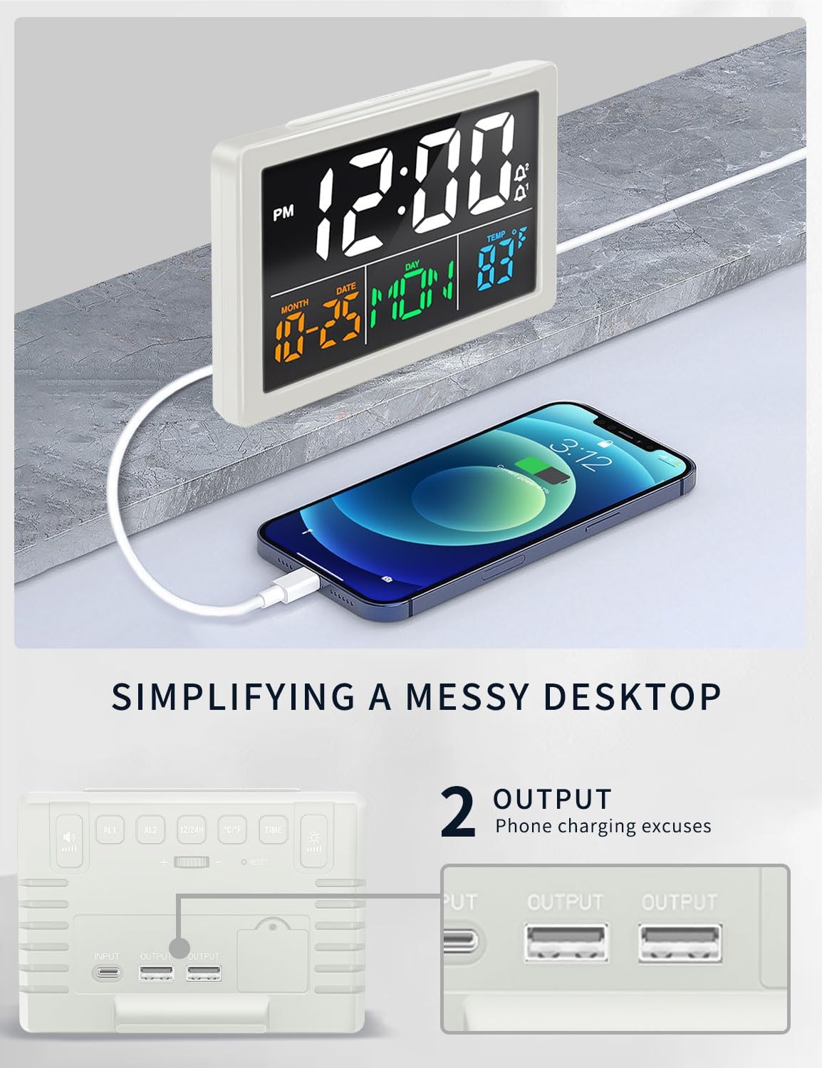 Digital Alarm Clock, with 5.5" Large LED Time Display, Adjustable Alarm Volume, 6 Level Brightness, Alarm Settings, USB Charger, Temperature Detect, Snooze, Clocks for Bedroom, Bedside, Desk, White