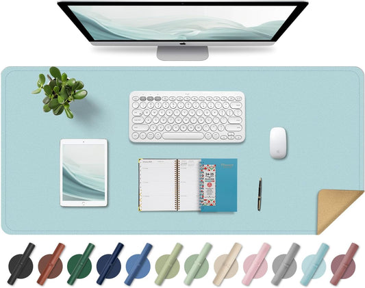 Large Desk Pad 35.4" x 17", Non-Slip Desk Mat with PU Leather & Natural Cork, Waterproof Writing Desk Natural Cork, Computer Mat Desk Protector for Office Home, Light Blue