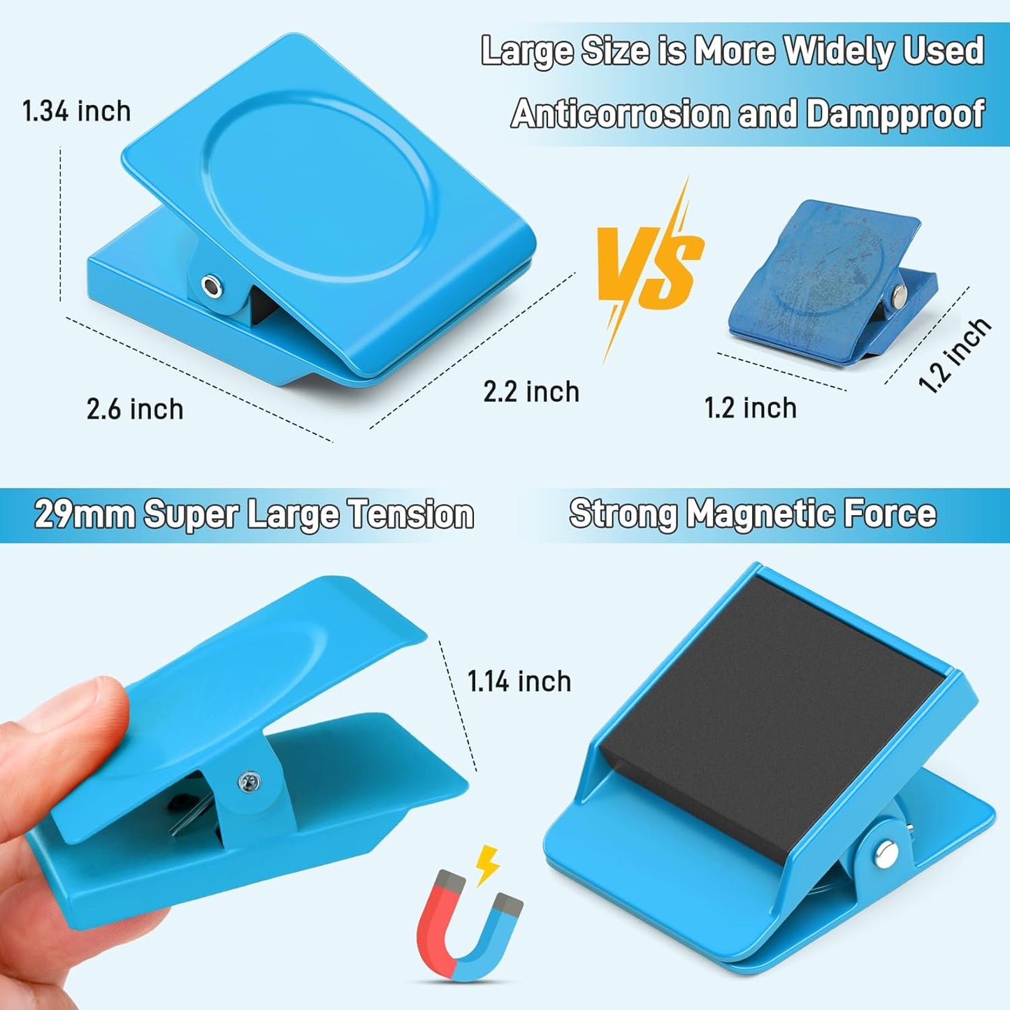 FINDMAG 4 Pack Extra Large Magnetic Clips, 2.2inch Magnetic Clips Heavy Duty, Strong Magnets for School, Kitchen, Locker Accessories, Fridge (Blue)