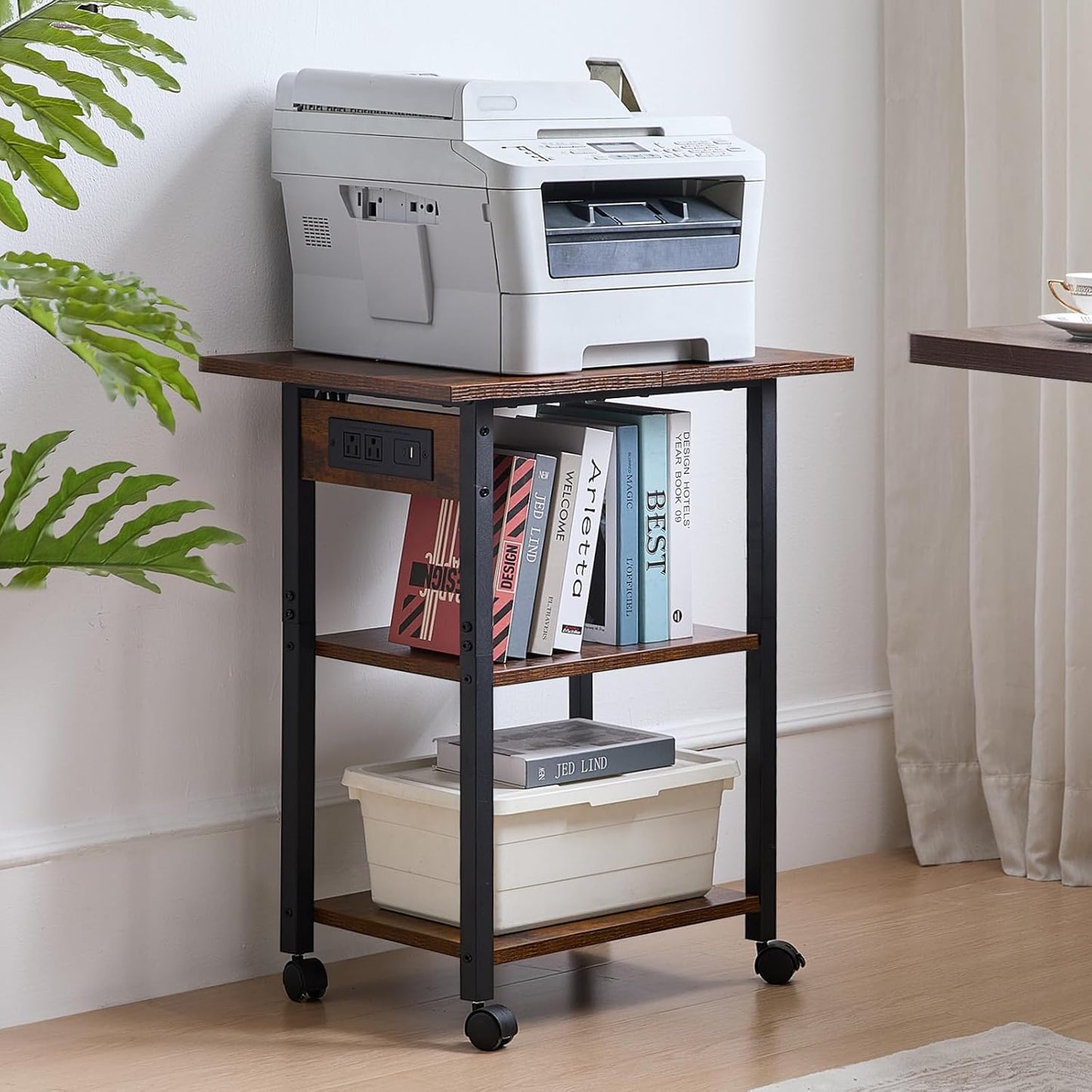Lerliuo 3-Tier Printer Stand with Charging Station, Industrial Mobile Printer Table with Storage Shelf and Steel Frame, Rolling Printer Cart Holder with Lockable Wheels for Home, Office (Brown)