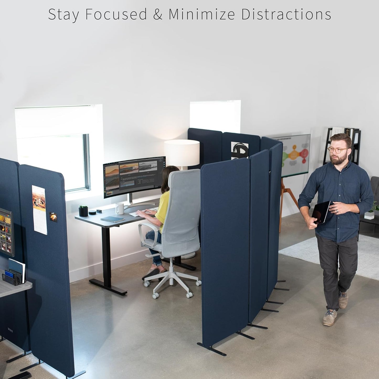 VIVO Freestanding 72 x 66 inch Privacy Panel, Cubicle Divider, Acoustic Wall Partition, x3 24 inch Panels, Navy Blue, PP-3-T072NB