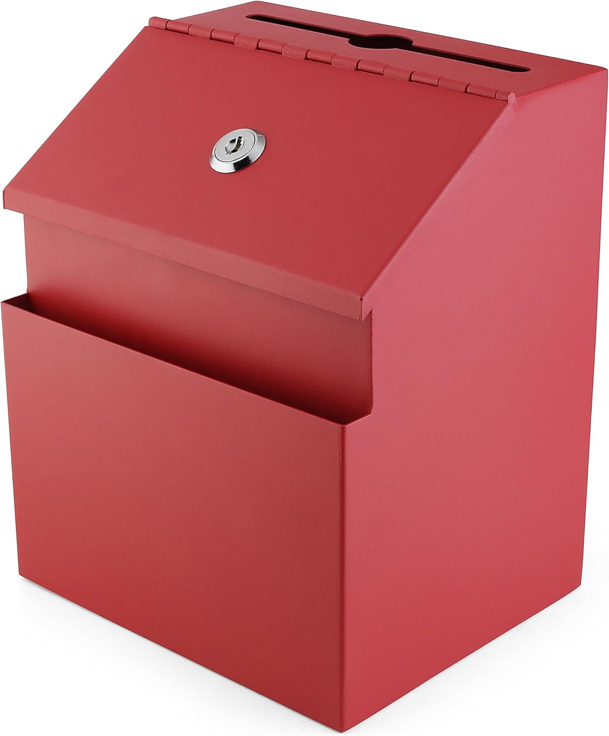 Suggestion Box with Lock and keys, Metal Wall Mounted Ballot Box, Iron steel Donation and Collection Drop Box 8.5" H x 6" W x 7" L with wide 5.5" Slot and front sheet holder (Red)