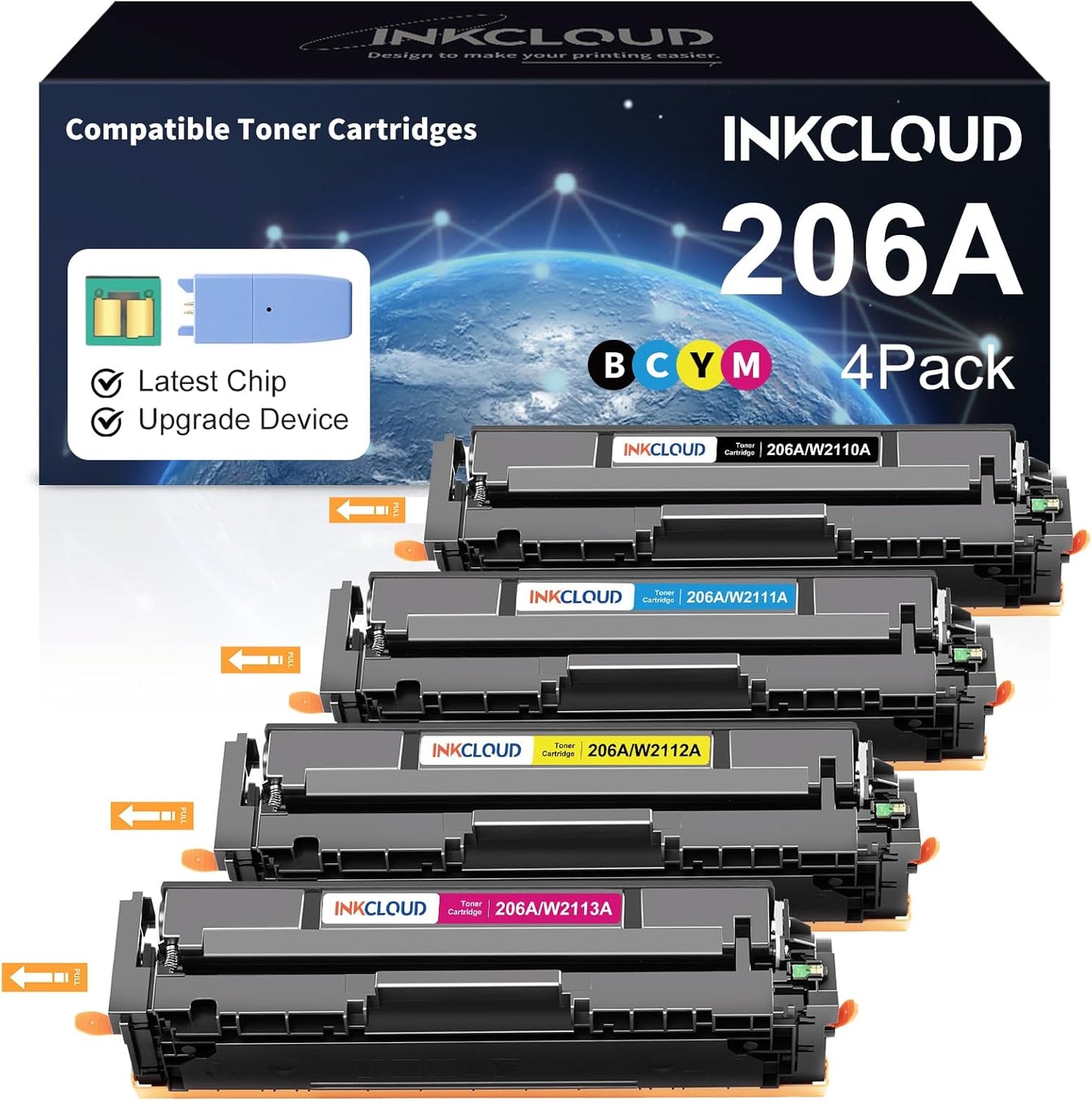 INKCLOUD 206A Toner Cartridges 4 Pack with Chip Compatible Replacement for HP 206A 206X W2110A W2110X Work with Color Pro MFP M283fdw M283cdw Pro M255dw M283 M255 Printer Ink High Yield Toner