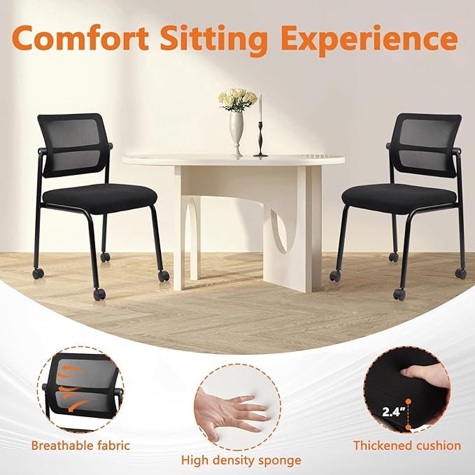 CLATINA Stacking Chairs 8 PK, Adjustable Backrest Stackable Mesh Office Waiting Room Armless Chair with Wheels for Guest Reception Conference Lobby Side School, Black
