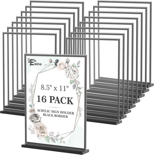EHWINE 16 Pack Acrylic Sign Holder 8.5 x 11, Double-Sided Tabletop Black Sign Holder, Clear Acrylic Picture Frame Menu Flyer Paper Holder Display Stand for Home Wedding Party (with Non-Slip Pads)