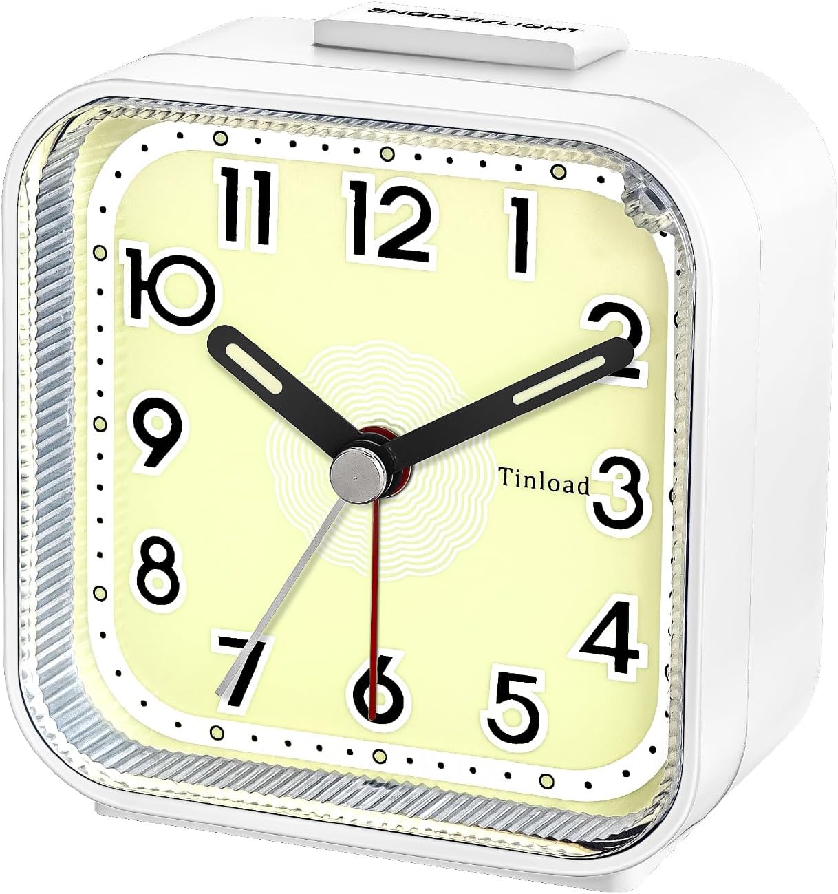 Small Analog Alarm Clock Silent Non Ticking, Ascending Beep Sounds, Snooze, Glow in Dark dial,Manual Light, Battery Operated (White)