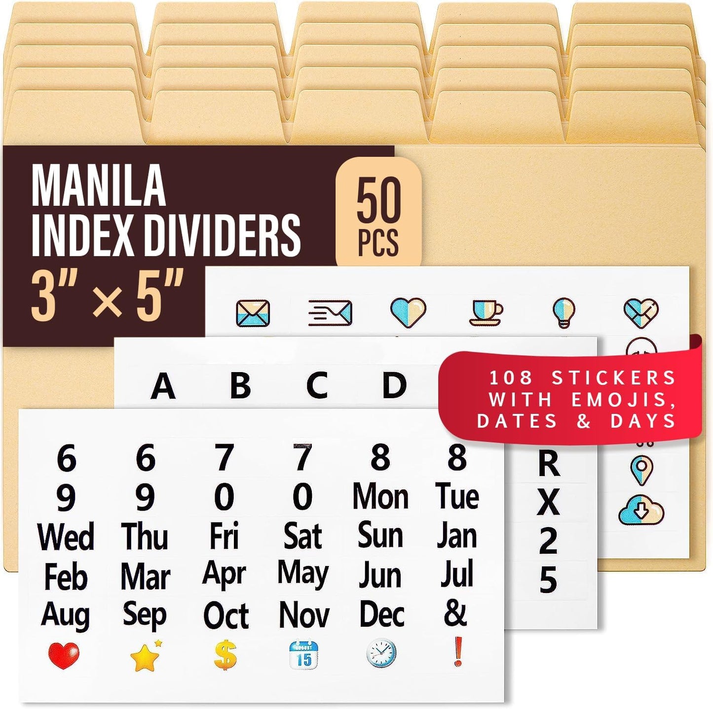 50 Manila Index Card Dividers 3x5 with Tabs & Alphabet Stickers for Recipe Cards