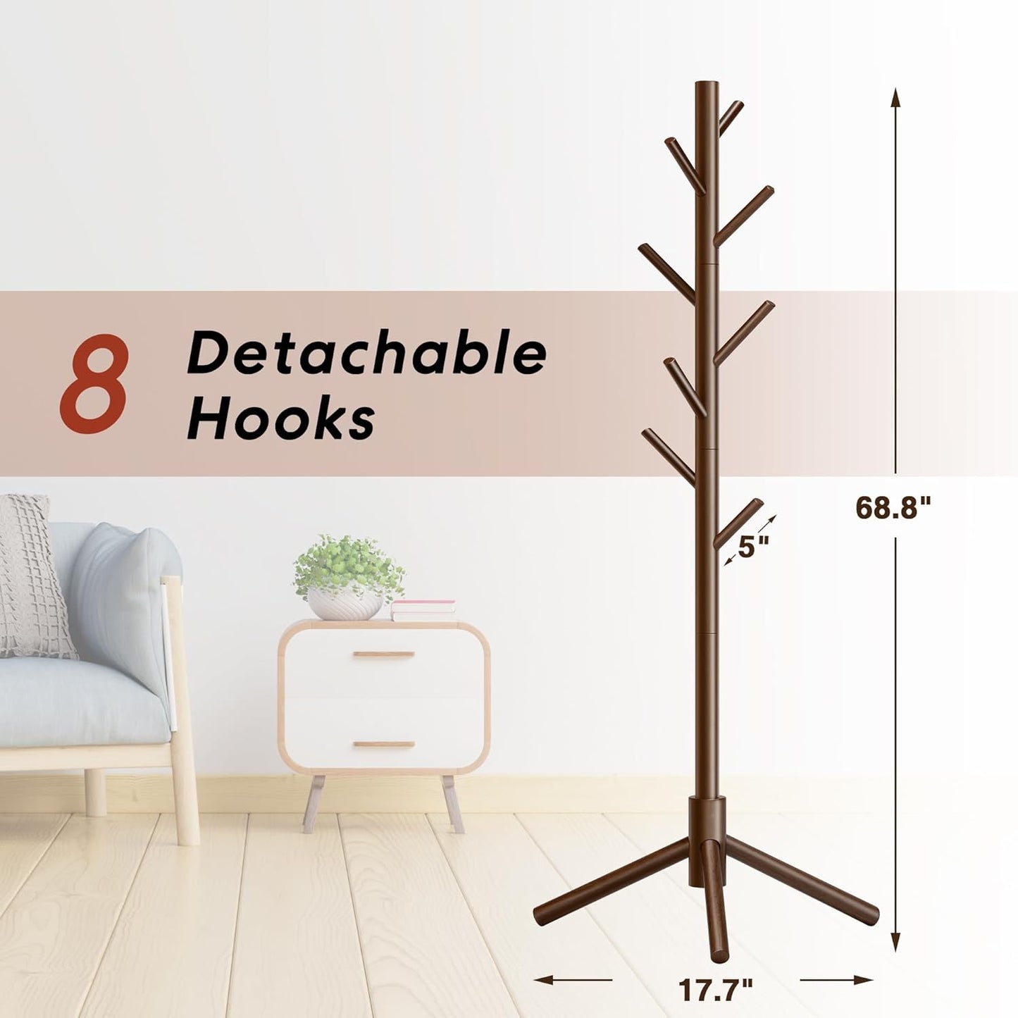 Wooden Coat Rack, Free Standing Coat Rack with 8 Hooks 3 Adjustable Heights for Clothes, Hats, Handbags, Coat Tree Easy Assembly for Entryway, Bedroom, Hallway, Office (New Brown)