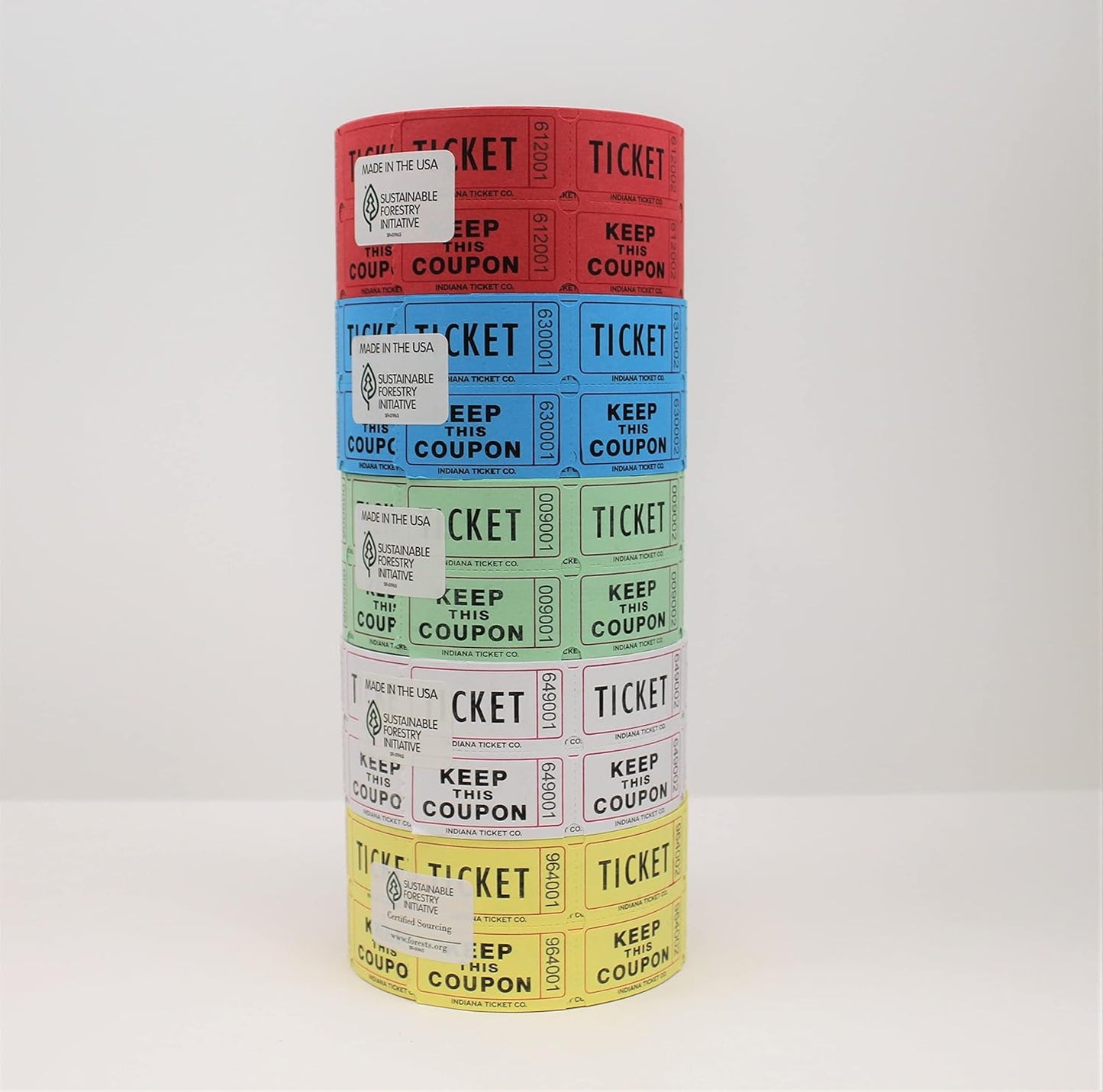 INDIANA TICKET CO. Raffle Double Roll, 5 Rolls 1,000 Tickets, 1 Roll Each Red, Blue, Green, White & Yellow, Premium Quality 50/50, Events Tickets(Pack of 5)