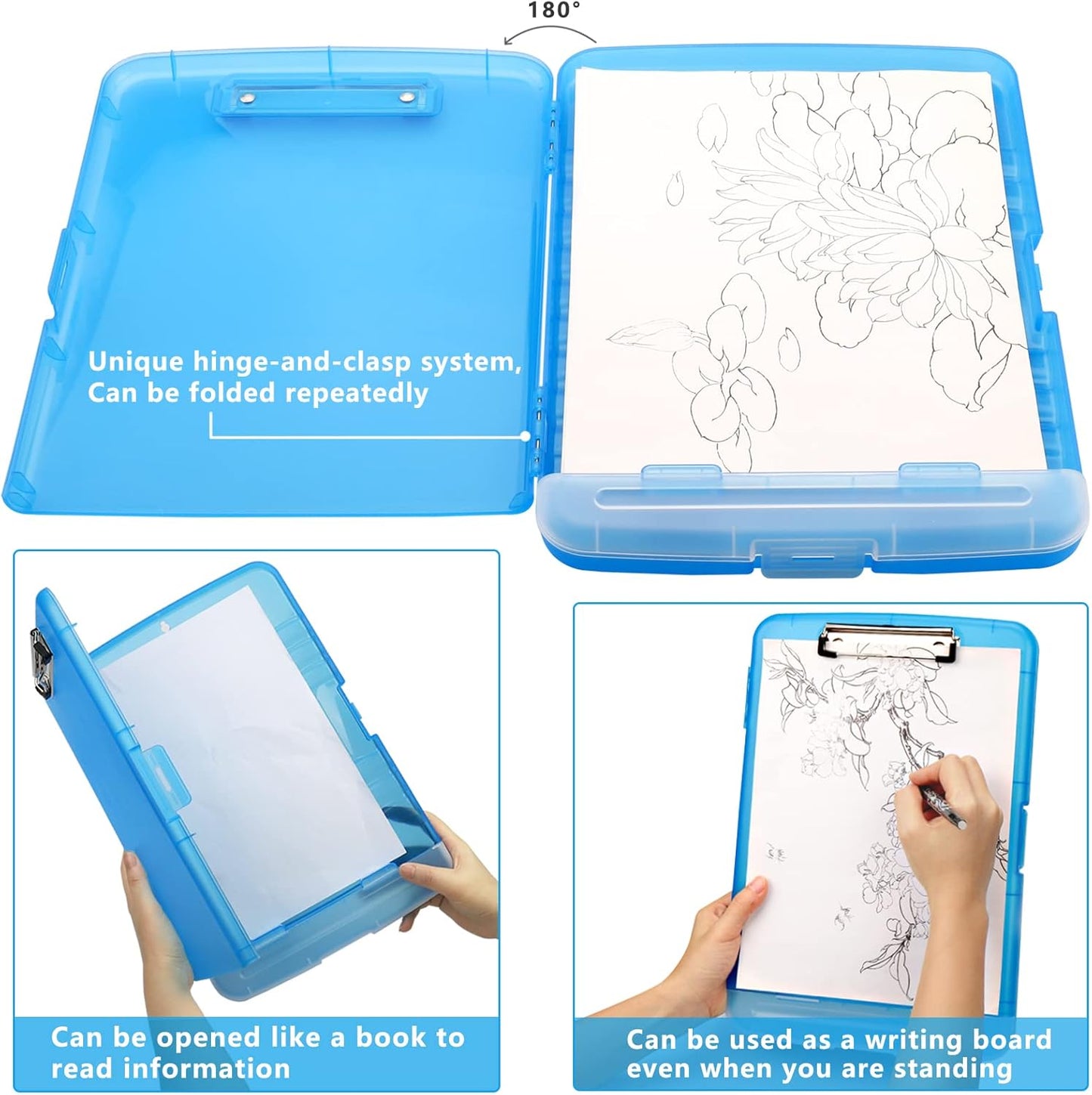 Clipboard with Storage, A4 Binder Nursing Clipboards with Pen Holder, Heavy Duty Storage Clipboard with Low Profile Clip, Clipboards Folder Side-Opening, Smooth Writing Clip Board (Transparent Blue)