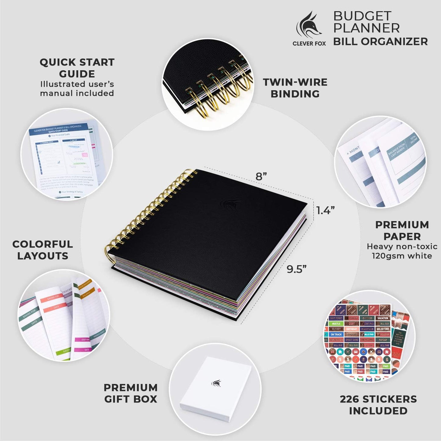 Clever Fox Budget Planner & Monthly Bill Organizer With Pockets. Expense Tracker, Budgeting Journal & Financial Book. Large, 8x9.5" (Black)