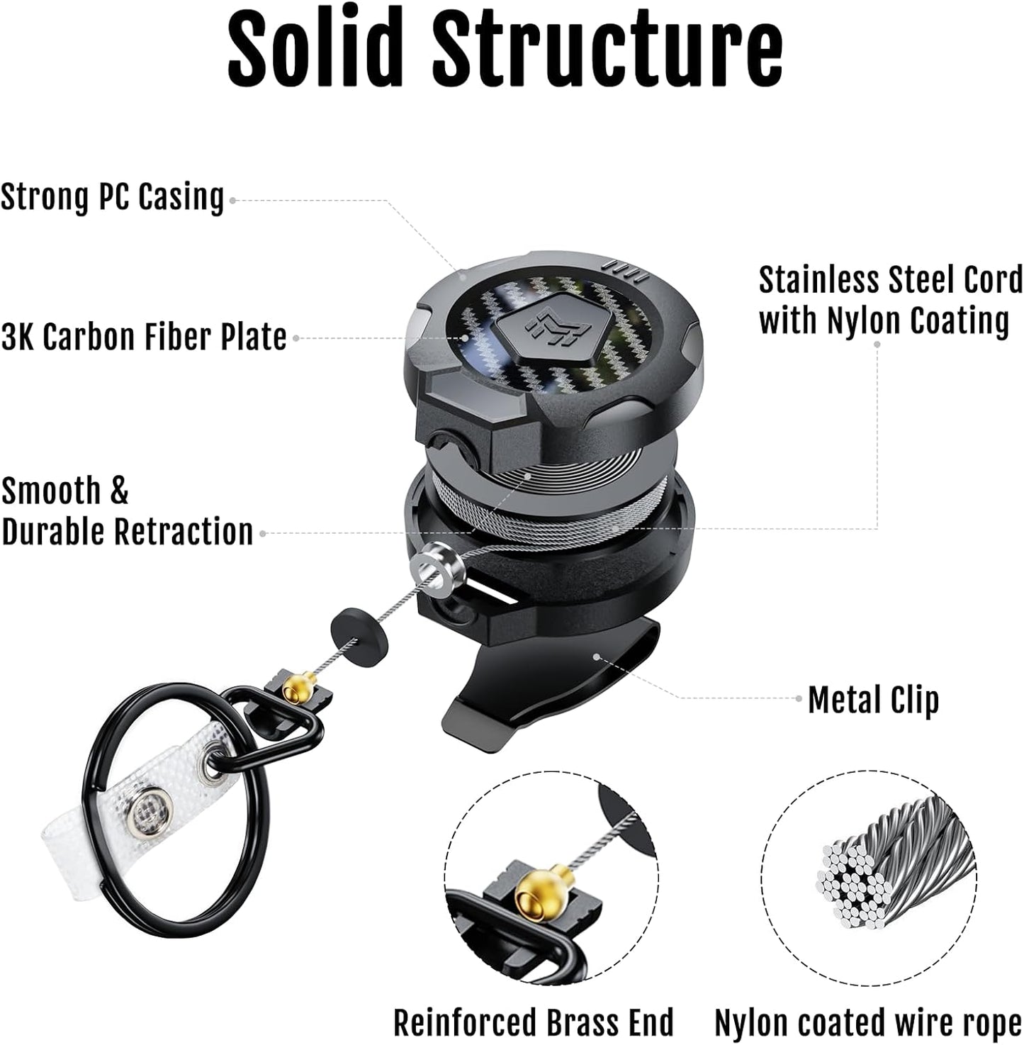 MNGARISTA Upgraded Heavy Duty Retractable Keychain with Belt Clip, 10 OZ Retraction, 31.5" Stainless Steel Cord Key Chain, 3K Carbon Fiber ID Badge Reel Holder with Badge Strap and Key Ring, 2 Pack