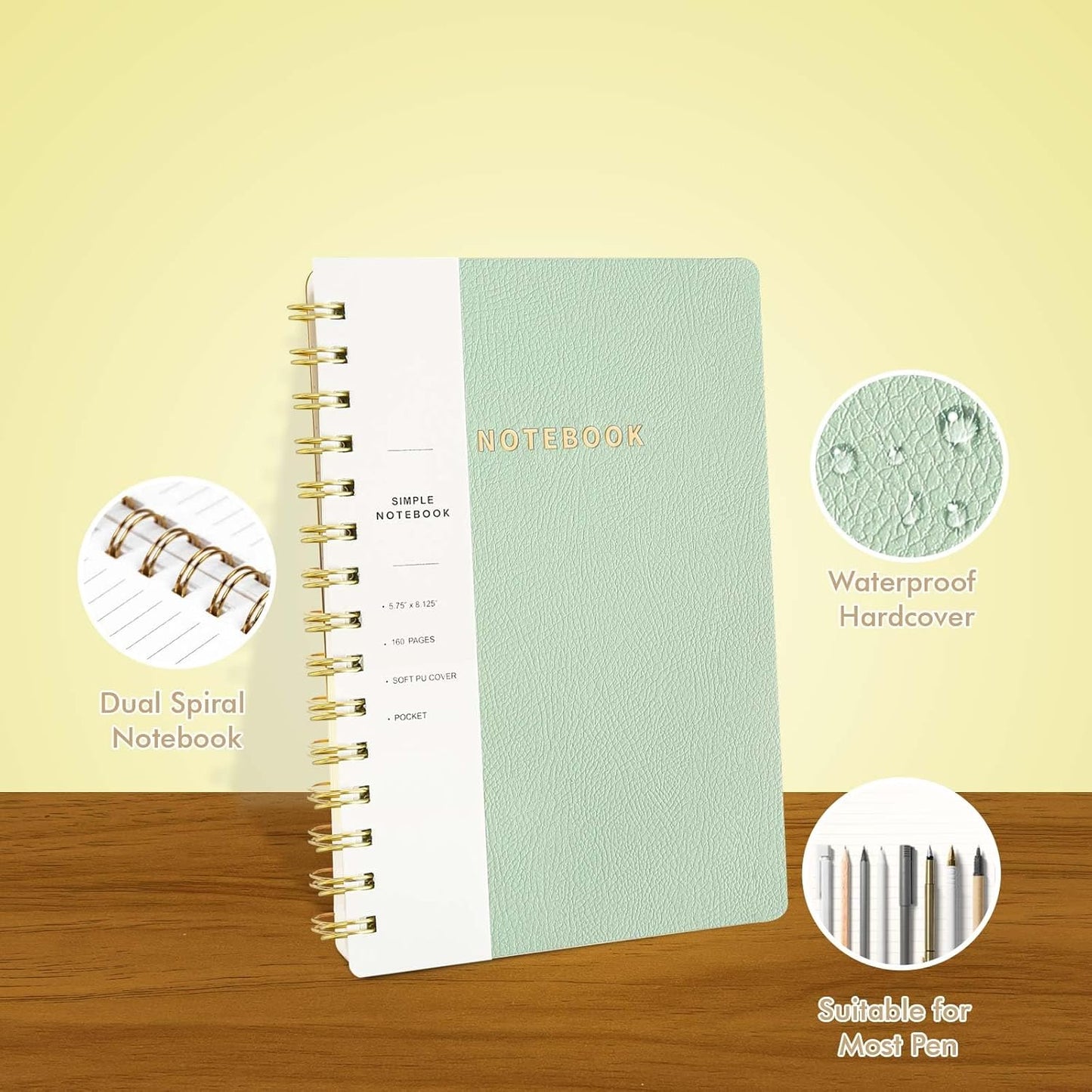 Lined Spiral Notebook College Ruled A5 Journal Book for Note Taking, 160 Pages Writing Journal for Office and Home School Supplies 5.75x8.125 inch (1MintGreen)