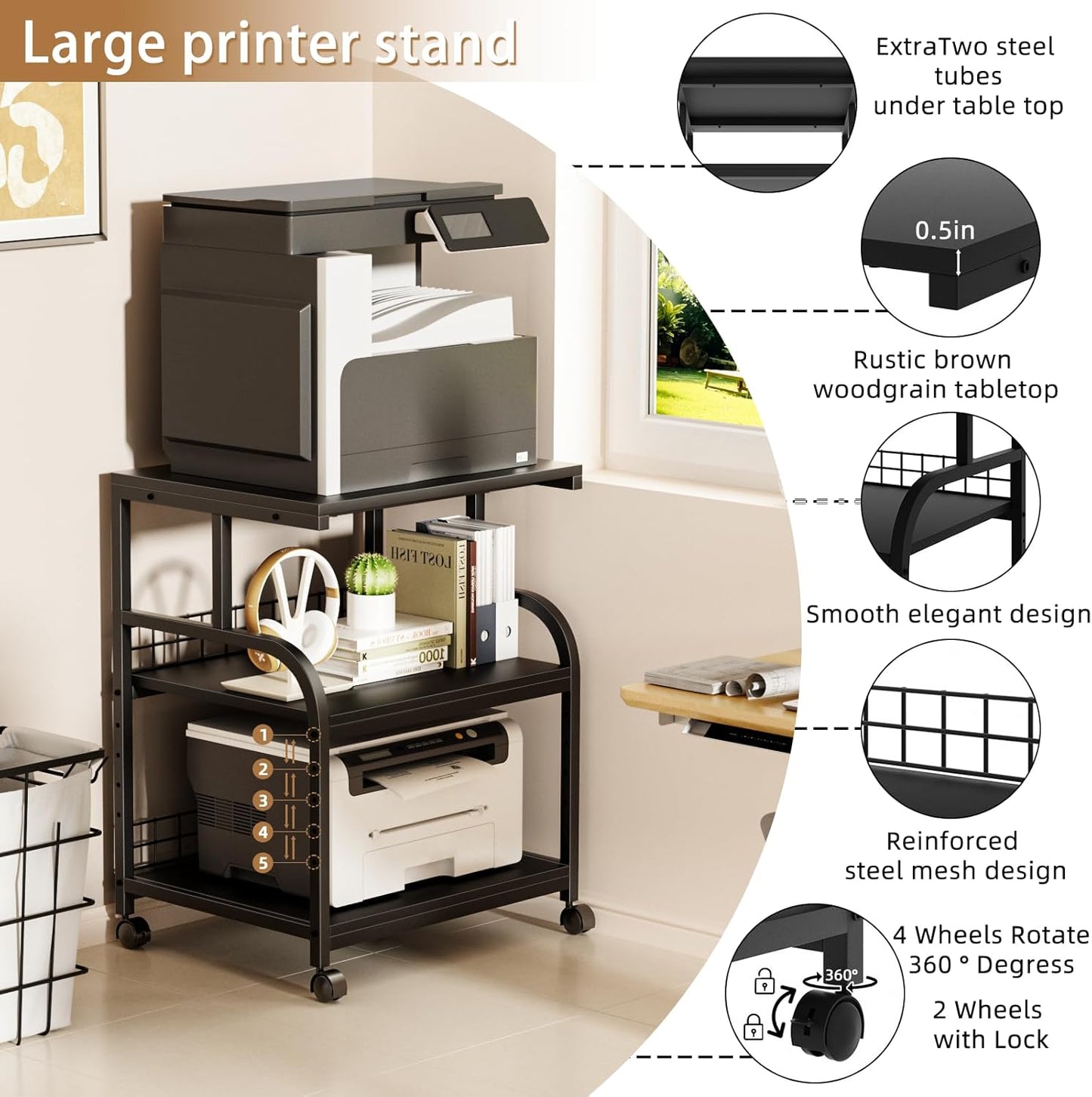 Lerliuo Large Printer Stand with Storage, 23.6"W x 18.9"D x 30.2"H, 5-Adjustable Shelf Heights Mobile 3 Tier Table with Lockable Wheels, Industrial Rolling Printer Cart, Black Stands for Home Office