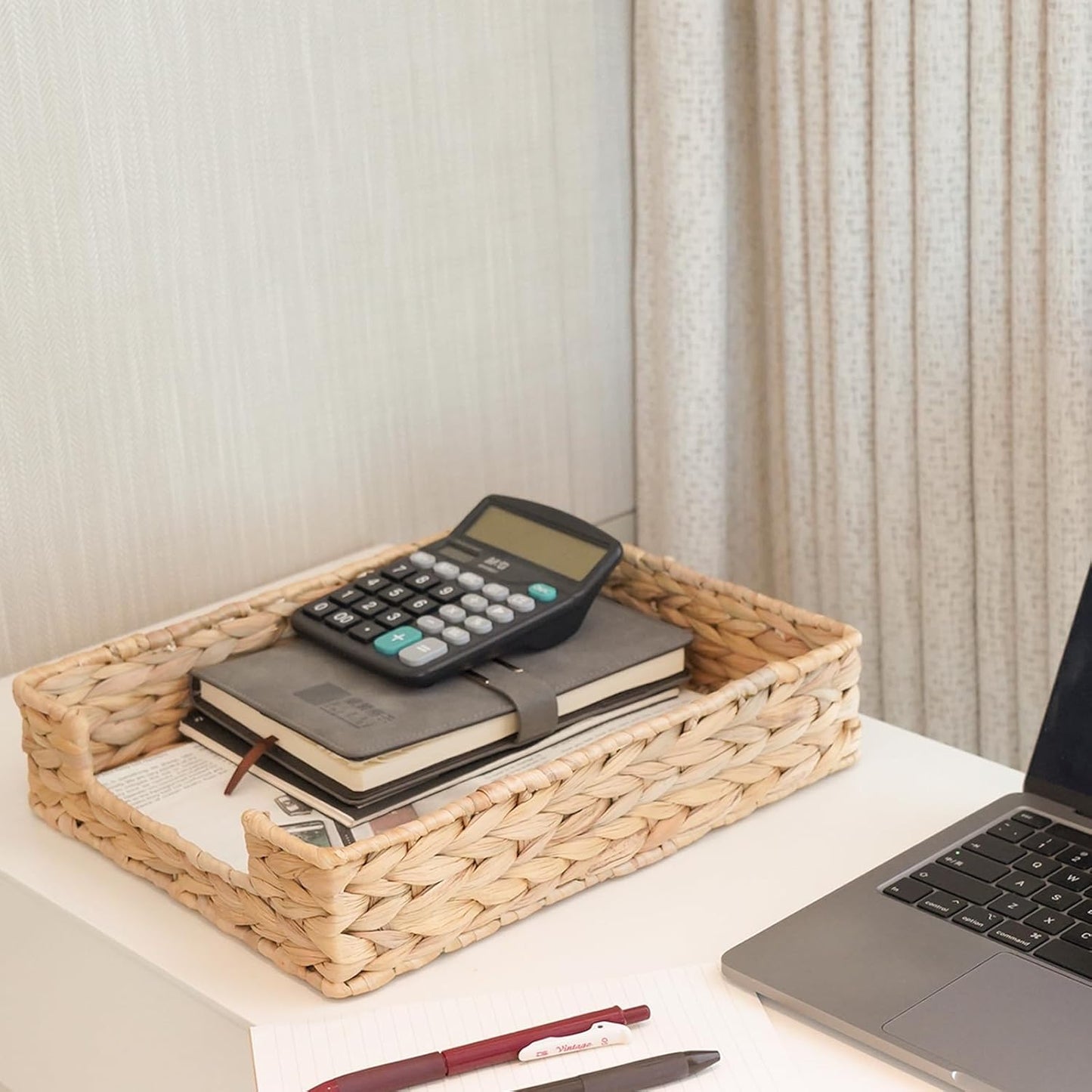 PINXIURY Water Hyacinth Letter Tray for A4 File Desk Mail Letter-Size Paper, Basket Woven Organizer, Magazine Files Storage, Office Document Organizer and Storage