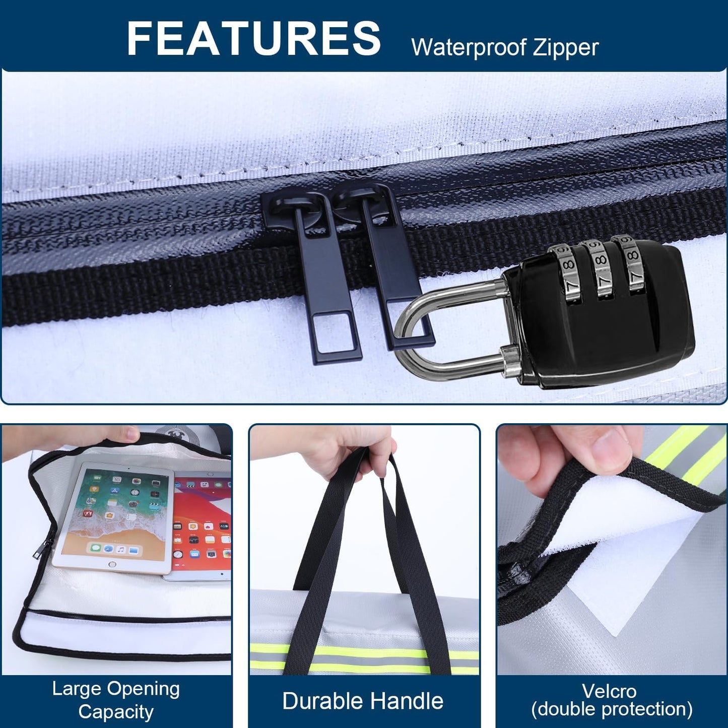 fireproof document pouch (16" x 12" x 5") silicone coated, combination lock office out bag, fireproof money pouch (8.75" x 6.0") for cash, coins, credit cards, passport and other valuables