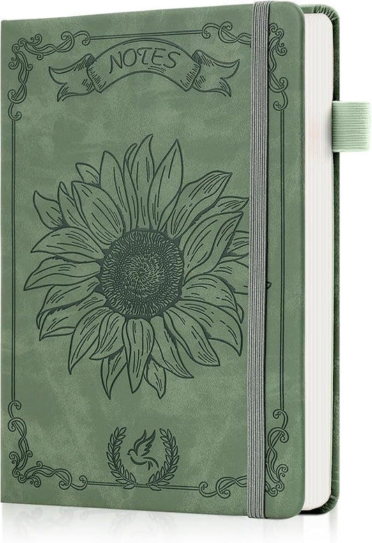 Sunflower Journal for Girls Women Journals for Writing 100GSM College Ruled A5 Leather Notebook for Girls Ages 8-12 Flower Diary with Heart-Shaped Shadow, 5.7" x 8.3", Green