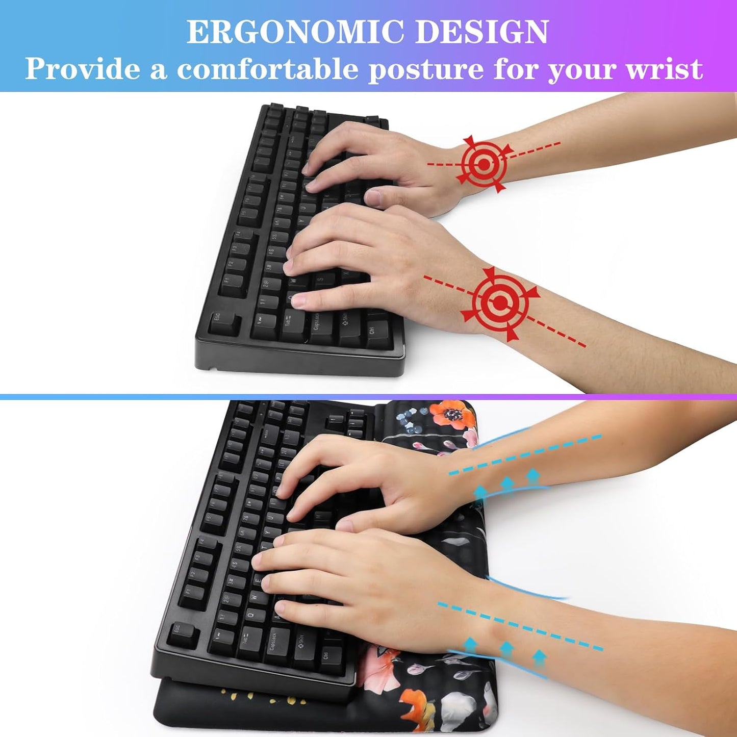 Computer Keyboard Stand with Wrist Rest, Ergonomic Tilted Keyboard Holder - Keyboard Riser with Wrist Pad - Keyboard Tray Support for Office Home - Black Flowers