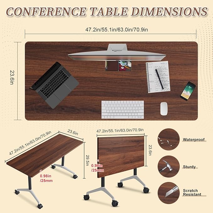 Folding Conference Room Table, Modern Conference Tables with Wheels, Large Rectangular Mobile Training Tables for Office Classroom, Foldable Modular Boardroom Seminar Table (10pack L70.9in)