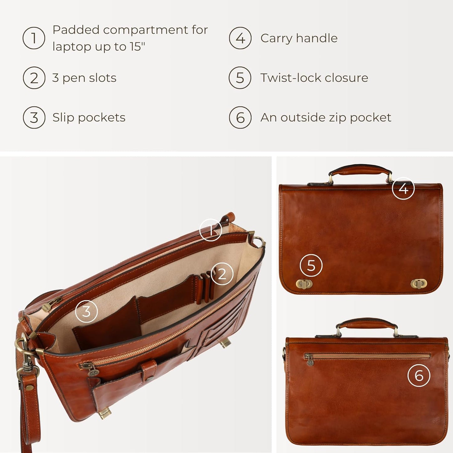 Time Resistance Leather Briefcase for Men - Italian Full Grain Leather Laptop Bag - Messenger Bag - Gift Box Included