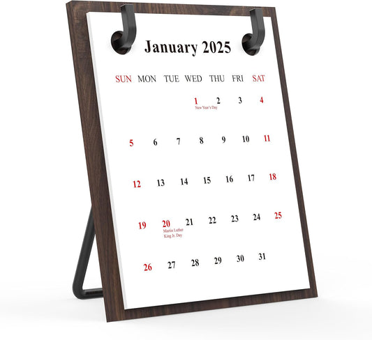 2025 2006 Retro Desktop Calendar Tabletop Decoration Calendar Walnut Wood Calendar with Iron Brackets Suitable for Office Business Home (Black Walnut)