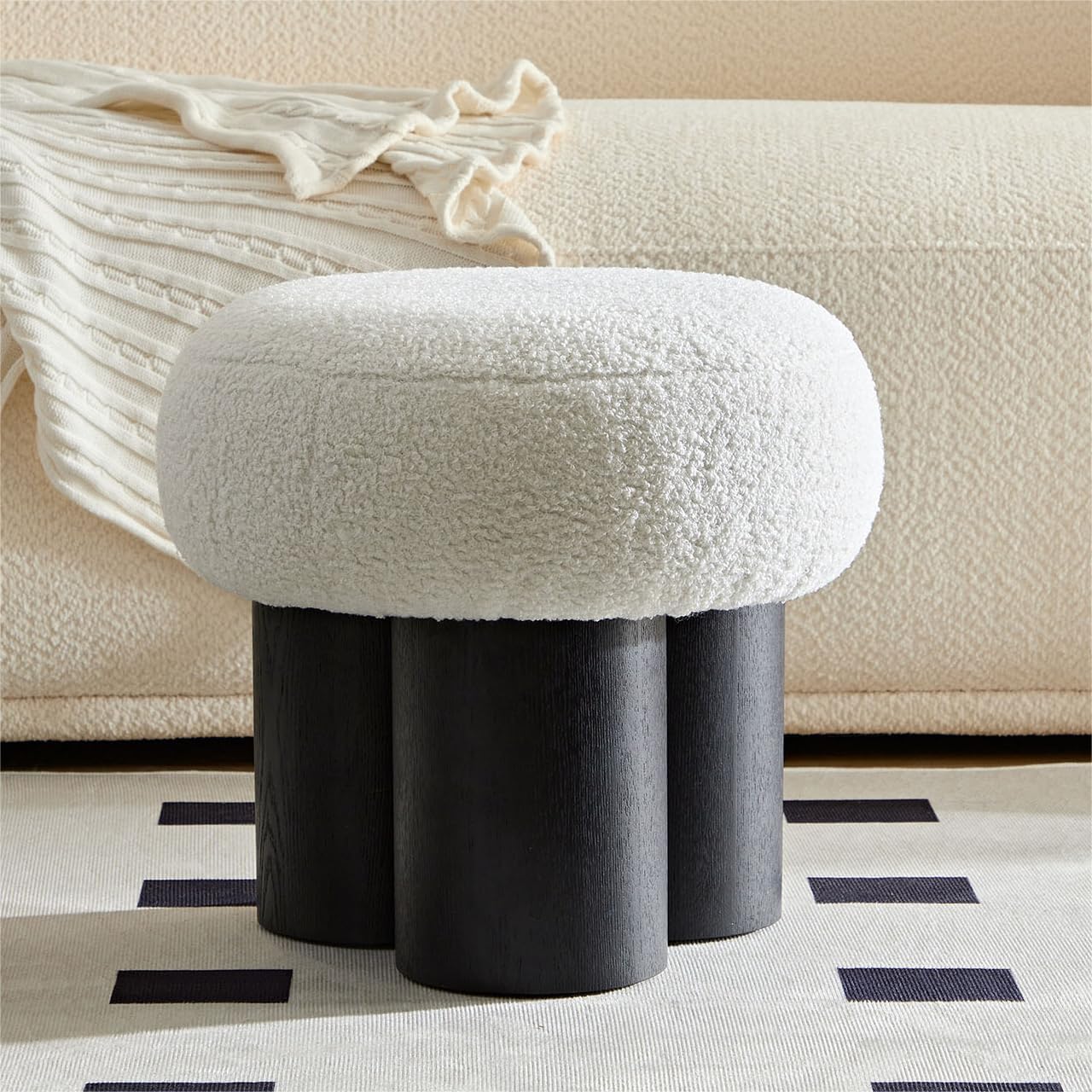 MEETAKING Small Round Foot Stool, Teddy Fabric Footrest Ottoman Stool with Non-Skid Legs, Modern Footstools Step for Couch, Desk, Office, Living Room (White)