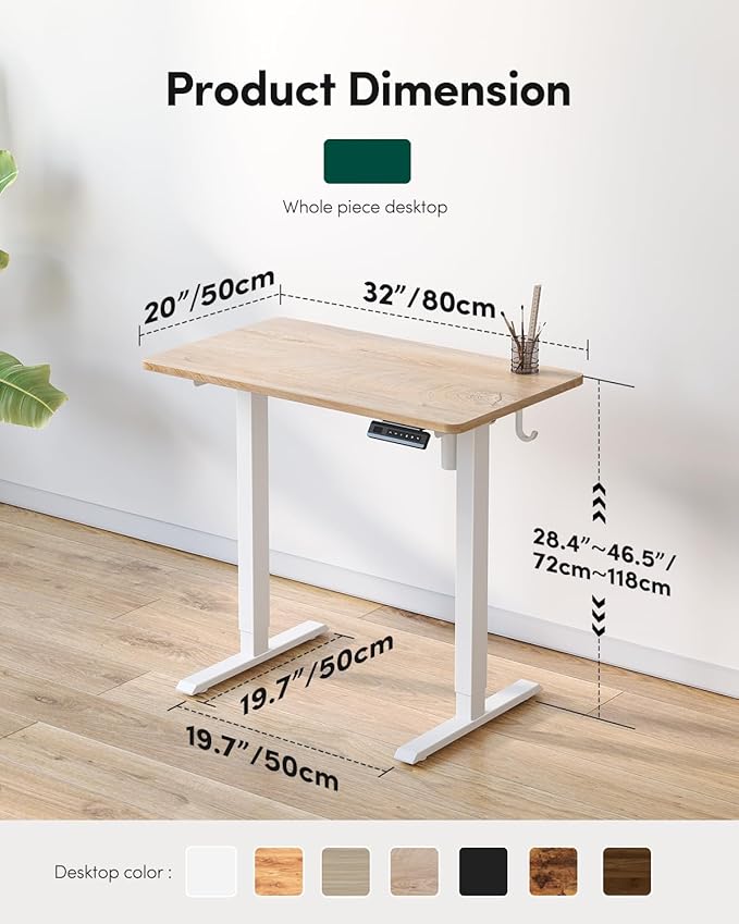 FEZIBO One-Piece Standing Desk Adjustable Height Stand up Home Office Desk, 32x24 Inch Electric Standing Computer Desk, with 4 Memory Presets, Fixable casters, Maple