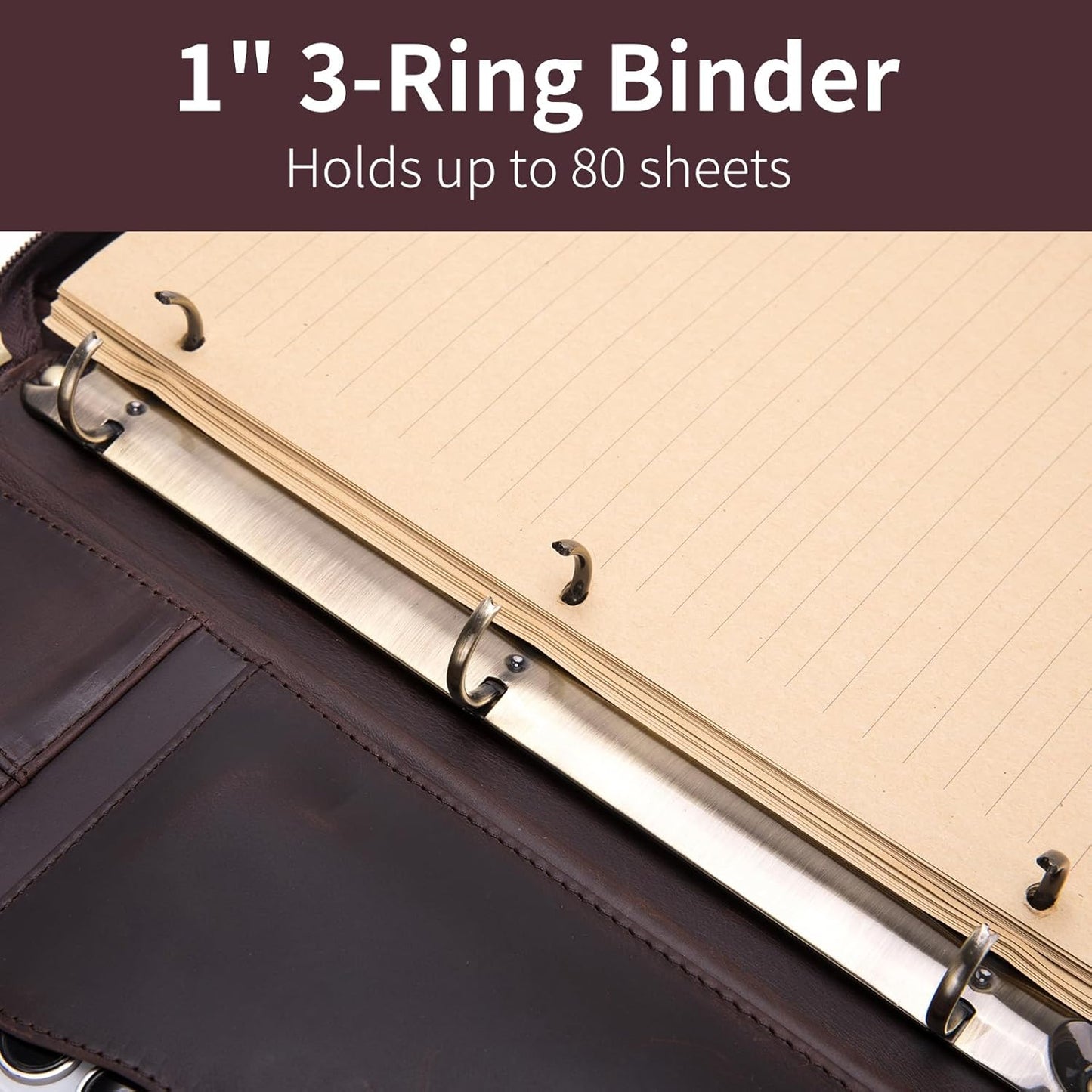 3 Ring Binder Genuine Leather Portfolio, Front Pocket, 8.5 x 11 Legal Pad Padfolio for Men and Women, Zip Notepad Laptop Organizer, Professional Business Executive Work Folio, Dark Brown