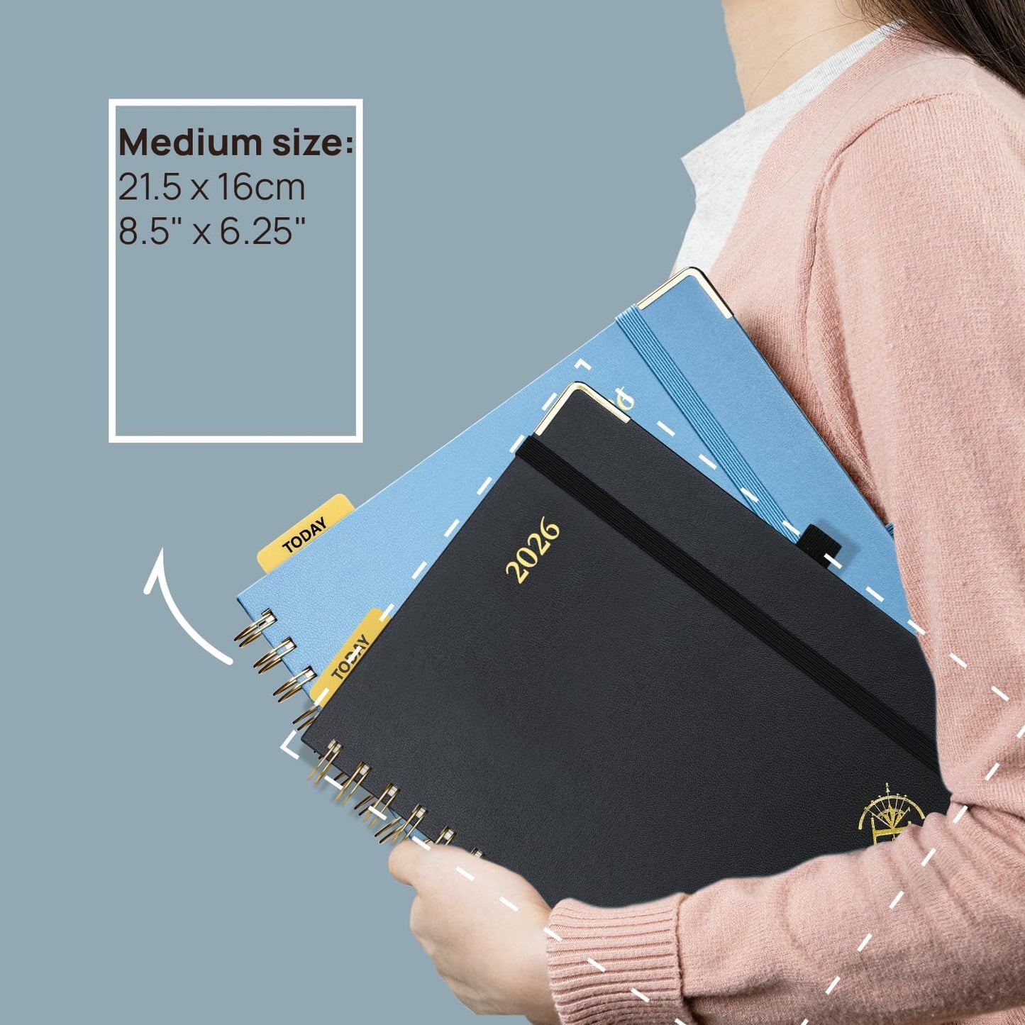 POPRUN 2026 Planner (Medium Size 8.5'' x 6.25'' Wire-Bound Hard Cover) Daily Weekly and Monthly Calendar - Agenda 2026 (Jan.2026-Dec.2026) with Hourly Schedule, Monthly Tabs - Light Pink