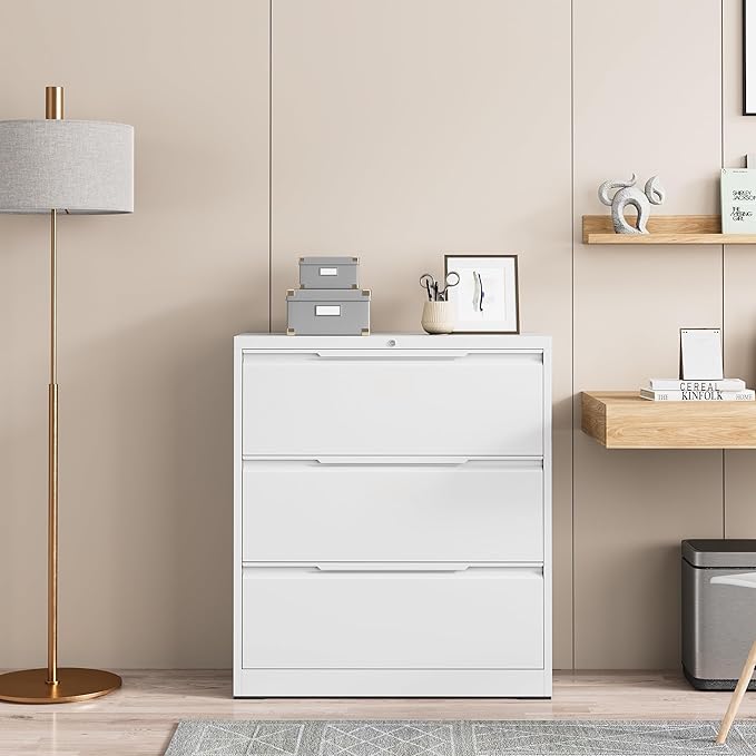 Lateral File Cabinet, 3 Drawer Lateral File Cabinet with Lock, Lockable Metal File Cabinet for Home Office, File Cabinet for Letter/Legal/F4/A4 Size (White, 3 Drawer)