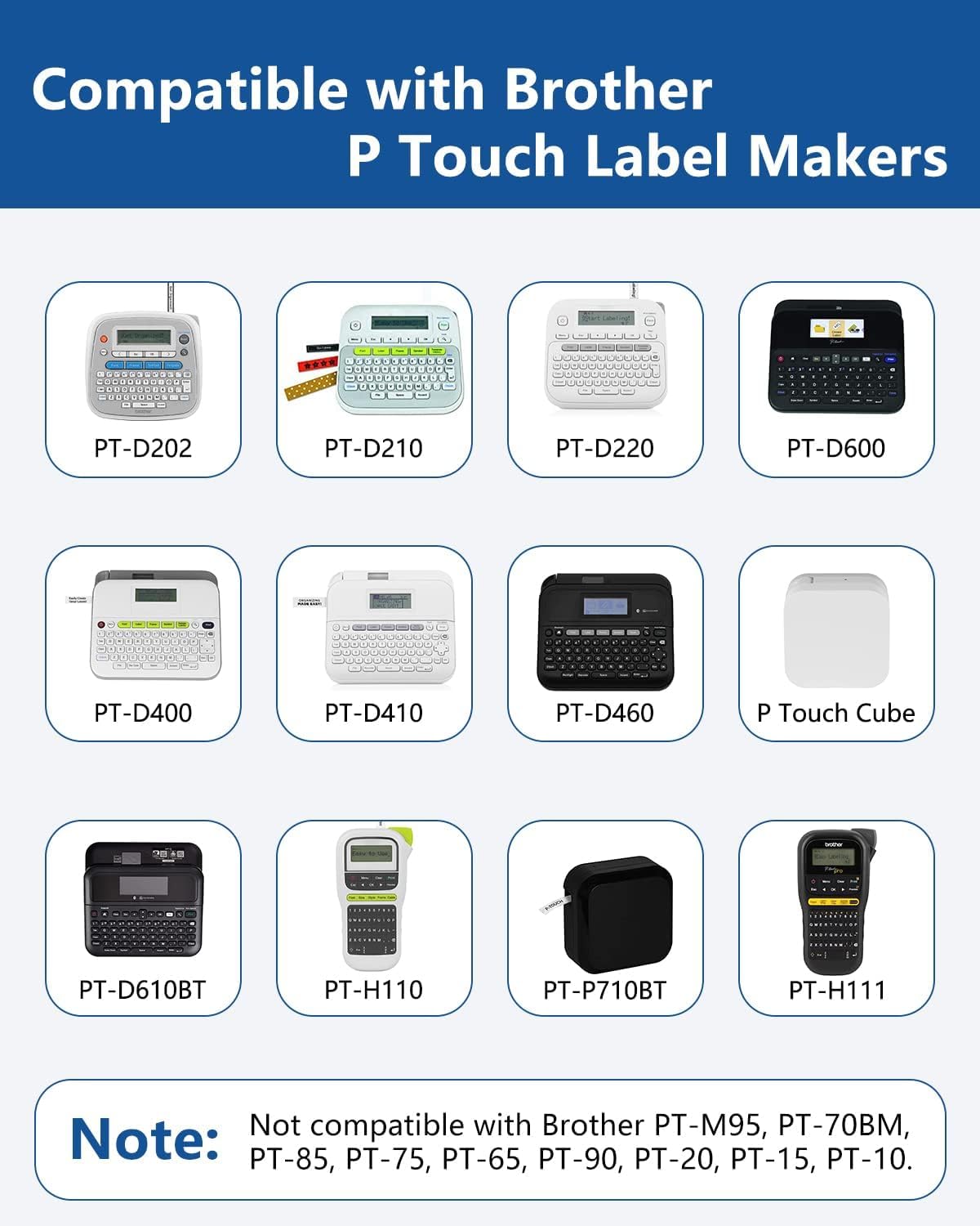 Tze TZ Tape 12mm 0.47 Laminated White Compatible for Brother Label Maker Tape 12mm 1/2" Black on White Tape for Ptouch PT PTD200 PTD410 D210 D220 D610 P710BT PTH110, 20-Pack